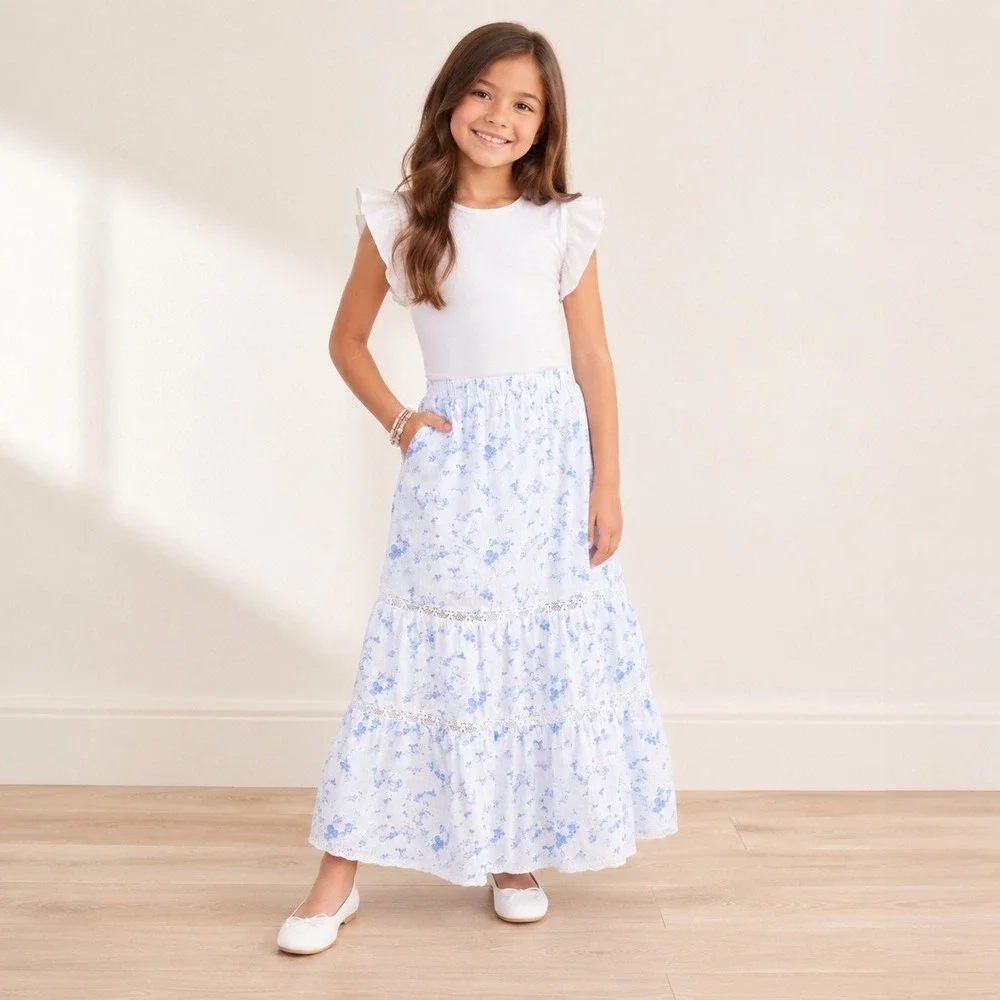 LoveShackFancy x Target Isla Tiered Maxi Skirt Blue Floral Swiss Dot Girls Sz 9